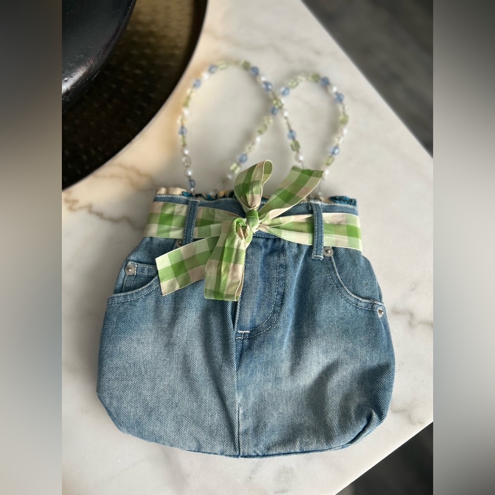 Karen Ackerman Fancy Pants Small Recycled Denim Handbag | Beaded Strap | Y2K